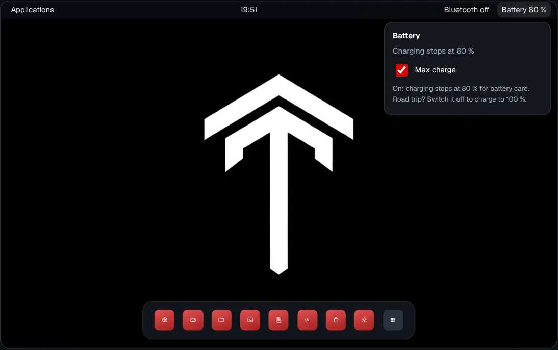 The Sov desktop with the battery menu open: charging stops at 80 %, with the Max charge switch on.