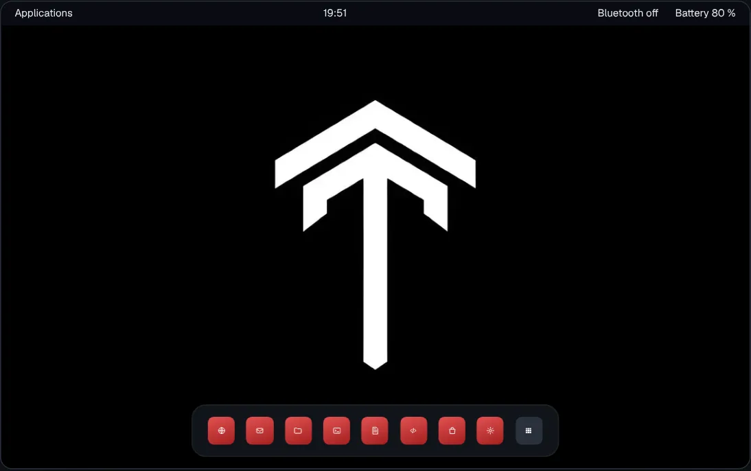 The Sov desktop: the Sovrant T wallpaper, the top panel, and the dock with LibreWolf, Proton Mail, Files, Terminal, Text Editor, VSCodium, Store and Settings.