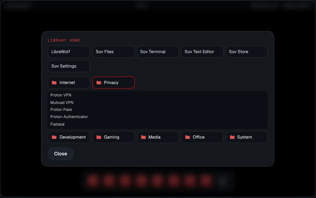 The Sov app library over the desktop: Library Home apps and the red folders Internet, Privacy, Development, Gaming, Media, Office and System, with Privacy open.