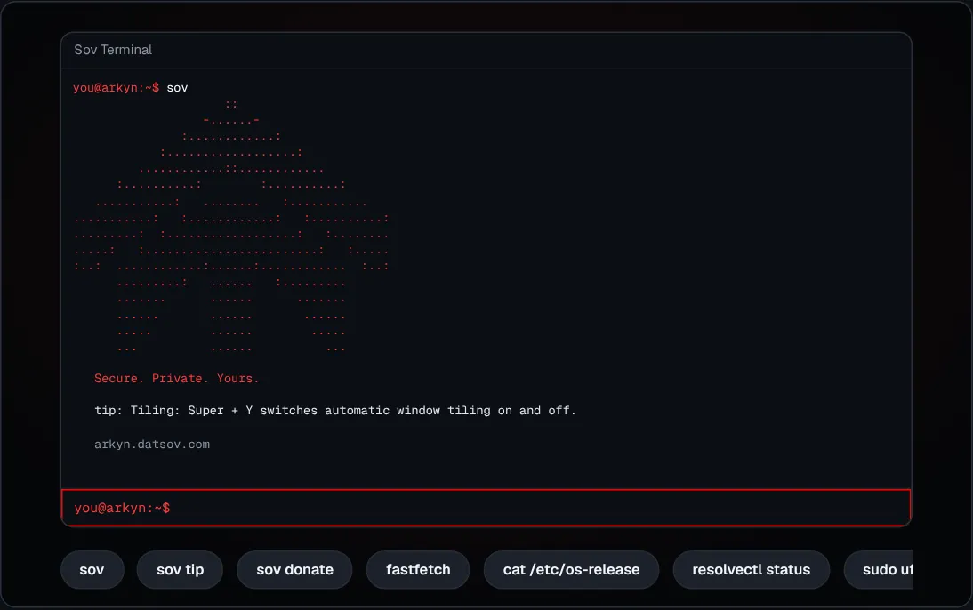 Sov Terminal showing the output of the sov command: the Sovrant T in red ASCII art, the slogan and a tip.