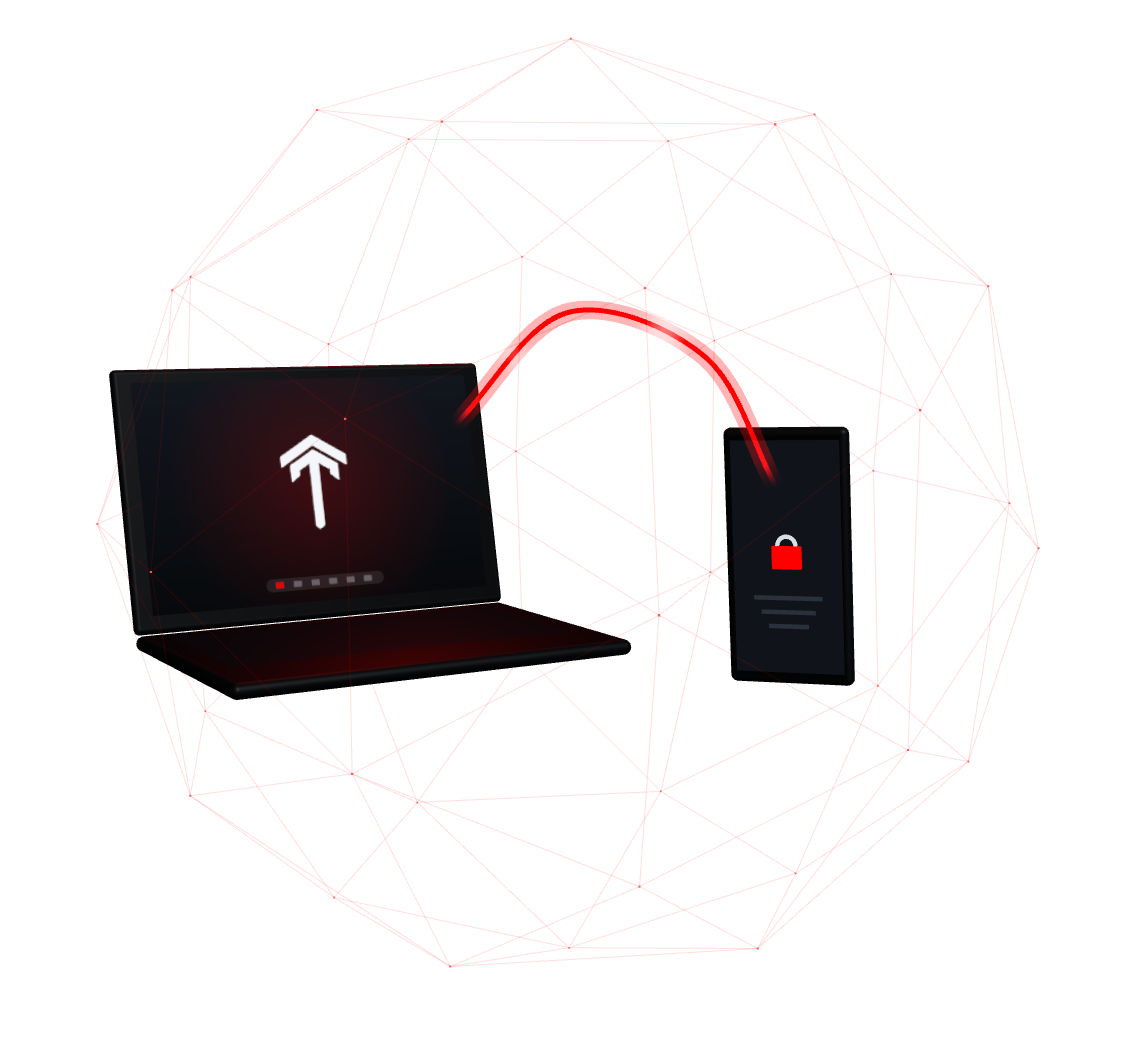 A laptop running Arkyn OS and a phone running GrapheneOS, joined by a red encrypted link inside a faceted shield.